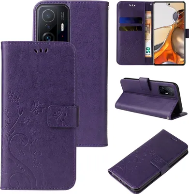 Produktbild von Handyhülle für Xiaomi 11T / 11T Pro Floral Blumen Schmetterling Flip Cover Hülle Case Klapphülle Handytasche Farbe: Violett