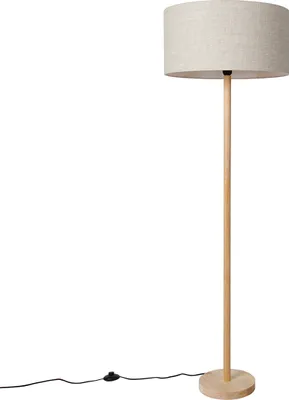 Produktbild von QAZQA - Landhaus I Vintage Ländliche Stehlampe Holz mit hellbraunem Schirm - Mels I Wohnzimmer I Schlafzimmer - Rund I Länglich - LED geeignet E27