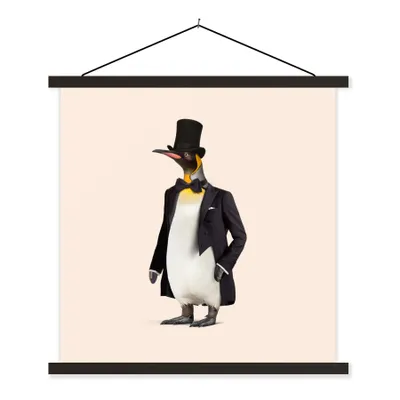 Produktbild von MuchoWow® Textilposter Pinguin - Tier - Hut - Colbert - Schwarz 60x60 cm mit schwarzem Rahmen - Posteraufhänger