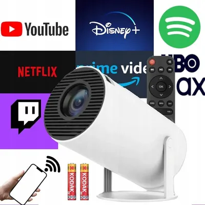A collage of streaming service logos, a projector, a remote control, batteries, and a smartphone.
