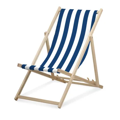 Image de Chaise longue - rayures larges - bleu foncé - pliable - en bois de hêtre - supporte jusqu'à 95kg - dossier réglable en 3 positions - Chaise longue de plage