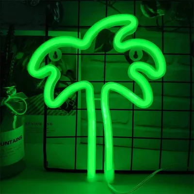 Produktbild von LED Neon Schild Kokospalme Grün/Gelb 23x19cm - Palm Tree Wanddeko - Dual USB oder Batteriebetrieb