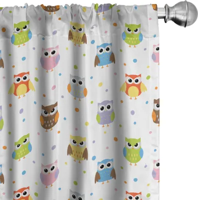 Produktbild von ABAKUHAUS Eulen Vorhänge, Gardinen, Verärgerte und lustige Karikatur-Maskottchen mit bunten Punkten Kindish Sweet Kids Design Pattern, 2 Stück 75 x 175 cm, Mehrfarbig