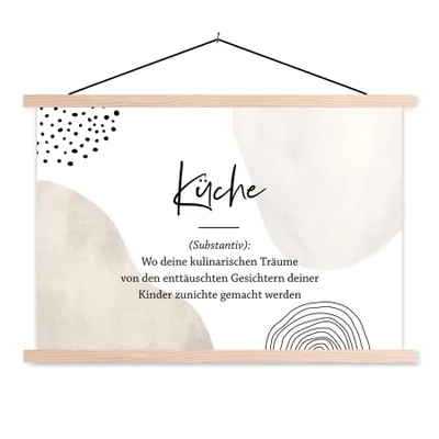 Produktbild von MuchoWow® Textilposter Zitate - Küche - Definition der Küche - Wörterbuch - Sprichwörter 120x80 cm mit holzfarbenen Rahmen - Aufhängeset