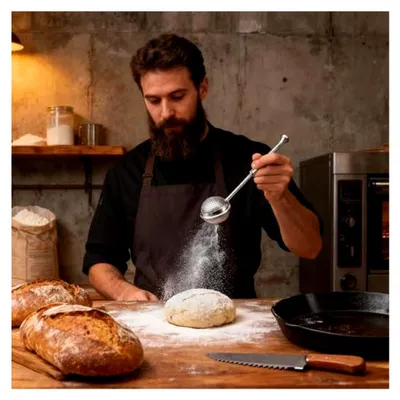 Produktbild von Mehlstreuer zum Backen – Feinmaschiger Edelstahl-Staubwedel, federbetrieben, manueller Zuckersiebspender, vielseitiger Streuer für Gewürze