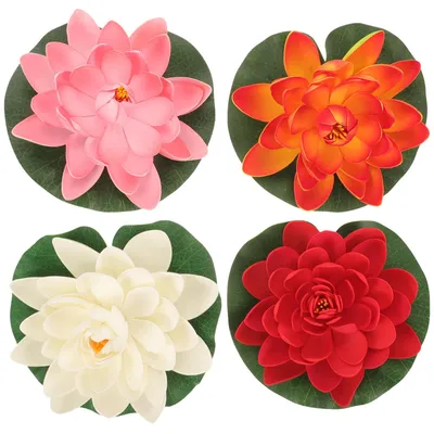 Produktbild von 4 Stück Schwimmende Blumen für Teichdekoration - Kunstlotusblumen und Lotusblätter