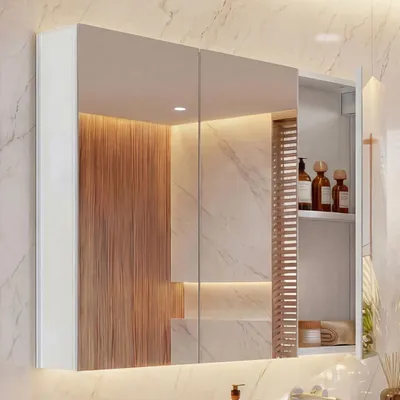 Produktbild von Spiegelschrank HWC-B19b, Badschrank Hängeschrank, 6 Regalböden hochglanz - 70x80x16cm  weiß
