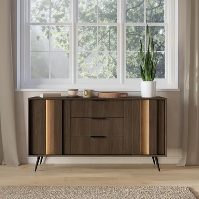 Image de Hahasasi - Buffet, 154x40x87h cm Noyer Marron, 3 Tiroirs