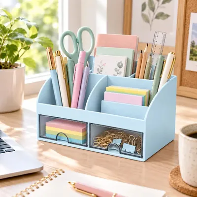 Obrázok produktu pre Stolový organizér kancelársky organizér držiak na perá modrý 12x21x14 cm so zásuvkami do školy aj kancelárie