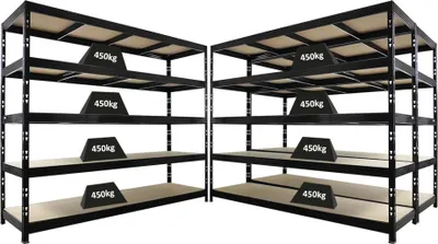 Produktbild von Mega Deal | 3x Profi Schwerlastregal Rhino | HxBxT 200x240x70cm | 5 Spanplatten-Ebenen 8mm | Fachlast 450kg | Schwarz