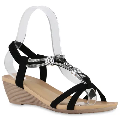 Produktbild von VAN HILL Damen Sandaletten Keilsandaletten Keilabsatz Zierperlen Schuhe 840108, Farbe: Schwarz, Größe: 37