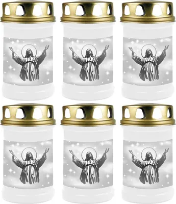 Produktbild von Grabkerze Weiß 6er Pack, Brenndauer: 48 Stunden ( je Kerze ), Motiv: Jesus