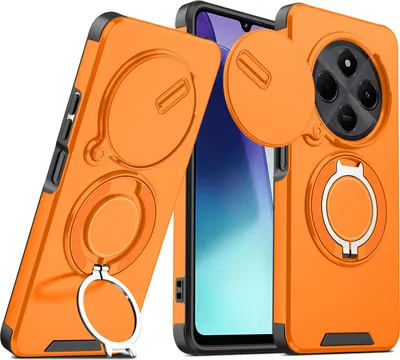Immagine prodotto di Custodia a doppio strato per Xiaomi Redmi A4 5G / Poco C75 / Redmi 14C 4G, con copertura scorrevole della fotocamera e supporto magnetico ad anello Arancione