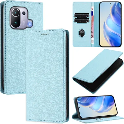 Produktbild von Litchi Leder Handyhülle für Xiaomi 11 Pro Wallet Kartenfächer Standfunktion Hülle Hellblau