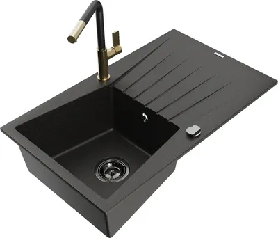 Produktbild von Mexen Cesar 1 Becken-Granitspüle mit Abtropffläche und Mischbatterie Flora, Schwarz/Gold metallisch - 6514-75-670401-57-B
