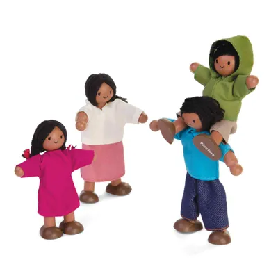 A family of four wooden dolls with dark hair and brown skin, dressed in colorful clothing, are posed against a white background.