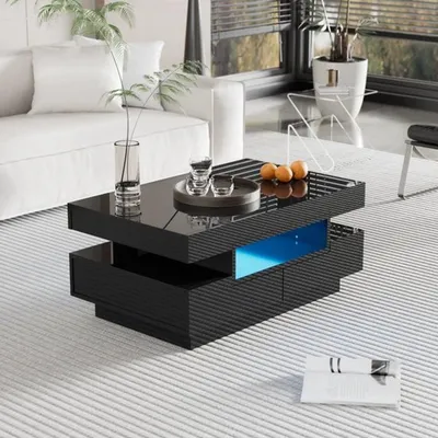 Image de Table basse - 93x59x18 cm - Blanc brillant - Avec barre lumineuse LED - Grand espace de rangement