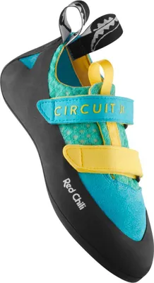 Kinderkletterschuh "Circuit Junior" von RedChili in Blau und Gelb mit zwei Klettverschlüssen.