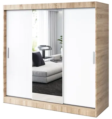 Produktbild von Kleiderschrank mit Spiegel - 200x200cm - Sonoma Eiche & Weiß Matt - Schiebetürenschrank HUGO - 3-türig - mit 4 Kleiderstangen