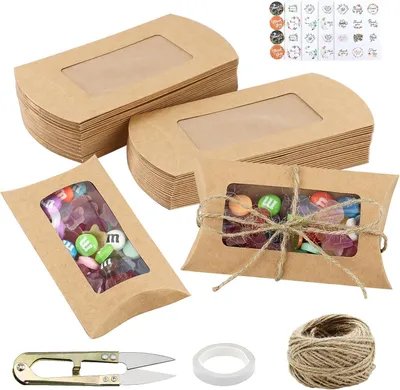 Produktbild von Kraftpapier Geschenkboxen 50 Stück, Sichtfenster, Jutegarn, für Feiern, Hochzeiten