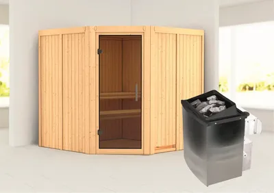 Produktbild von Elementsauna Karibu Jarina inkl. 9 kW Ofen u.integr.Steuerung ohne Dachkranz mit graphitfarbeneer Ganzglastüre