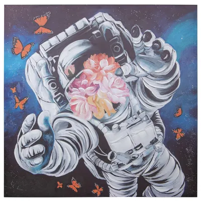 Obrázek produktu pro Plátno, obraz: Astronaut s květinami a motýly, ručně malovaný, 40%, rozměry 100 x 100 x 3 cm