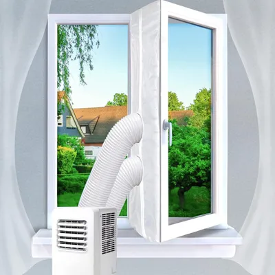 A portable air conditioner unit with two exhaust hoses connected to a window sealing kit installed in an open window, showing a residential backyard scene outside.