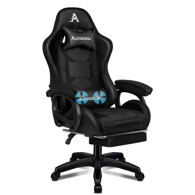 A black gaming chair with blue LED lights on a white background.