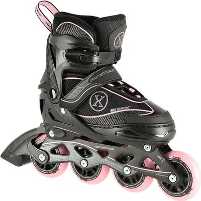 A pair of black and pink inline skates shown from the side against a white background.