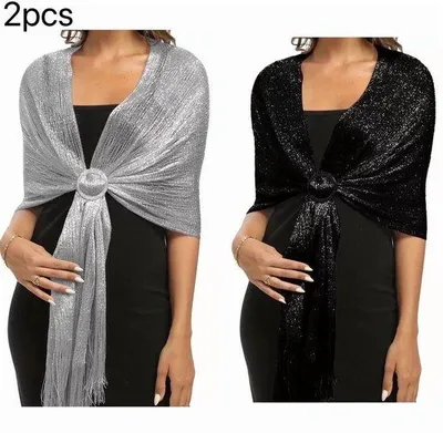 Imagen del producto de Pañuelo metálico brillante para mujer, de dos piezas, con pompones.