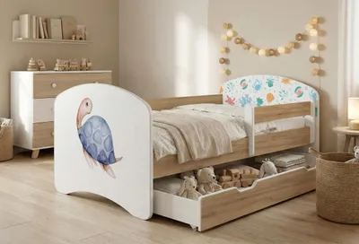 Immagine prodotto di Lettino Happy Babies con spondina di sicurezza per bambini, modello da ragazzo 140x70, per cameretta con cassetto, materasso per lettino singolo, colore oro, adesivi colorati