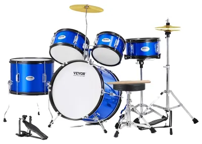 Obrázek produktu pro VEVOR bicí souprava pro děti, 5dílná, začátečnická bicí souprava s basovými tomy, snare, stojanem na buben, nastavitelným trůnem na činel, hi-hat pedálem a dvěma páry paliček, bicí souprava pro děti, modrá barva