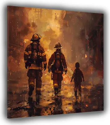 Produktbild von Feuerwehrmänner im Einsatz Leinwandbild Wandbild Kunstdruck XL Wanddeko: 150x150x4cm