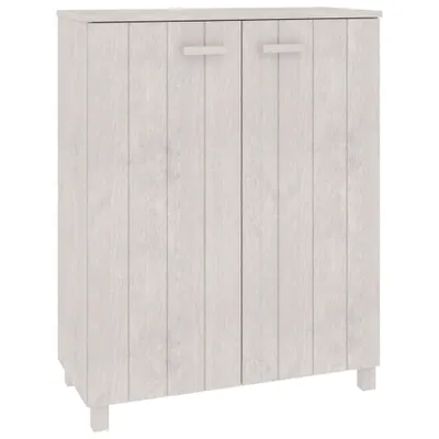A white wooden shoe cabinet with two doors and two handles.