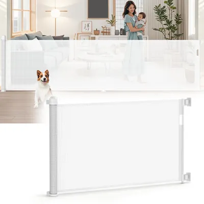Produktbild von XINZI Einziehbares Treppenschutzgitter bis 180cm Weiß, PVC Türschutzgitter mit Doppelschloss & Einhandbedienung für Kinder & Haustiere