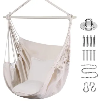 Image de Fauteuil suspendu en coton, couleur beige, avec 2 coussins de siège et une sacoche de transport, supportant jusqu'à 149 kg