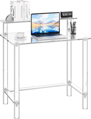 Immagine prodotto di VEVOR scrivania in acrilico scrivania per computer a 2 livelli con supporto per monitor, scrivania moderna (portata 60 kg) per camera da letto ufficio studio armadio, 50 x 80 x 88 cm (trasparente)