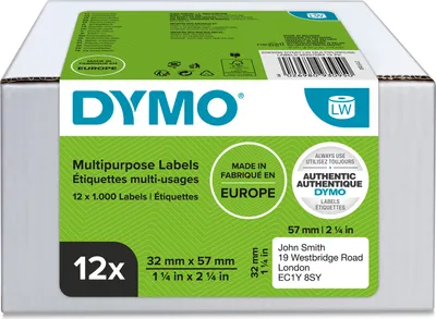 Produktbild von DYMO Original LabelWriter Mehrzwecketiketten | 32 mm x 57 mm | 12 Rollen mit je 1.000 leicht ablösbaren Etiketten (12.000 Etikettenband) | selbstklebendes Schriftband| für LabelWriter-Beschriftungsgerät