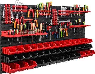 Zdjęcie produktu dla System magazynowy Regał warsztatowy | 156 x 78 cm | 43 szt. Pudełko | Regał ścienny z uchwytami na narzędzia i pojemnikami do układania w stosy - Płyty ścienne Bardzo wytrzymały regał z przegródkami Ściana perforowana Regał magazynowy Regał garażowy