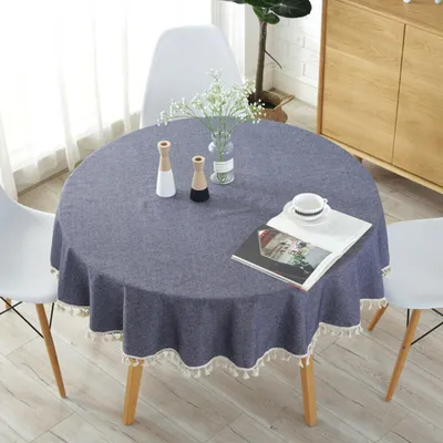 Produktbild von Tischdecke Rund Volltonfarbe Quaste Abwaschbar Tischdecke aus Baumwolle und Leinen 150cm Durchmesser Tischtuch,Hellblau