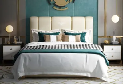 Produktbild von Luxus Bett Schlafzimmer Italienisches Leder Doppel Betten Metall Design Polster