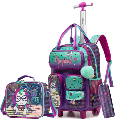 Image de Sac à dos à roulettes pour filles, motif licorne, dimensions 45x30x20 cm, ensemble comprenant une trousse de déjeuner et une trousse à crayons