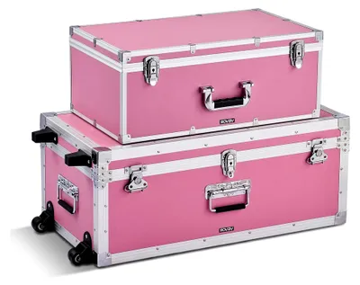Produktbild von 2 x Transportkoffer Aufbewahrungskoffer Abschließbar, Große Aufbewahrungskiste (763 x 392 x 312 mm) mit Rollen und 3 Metallgriffen, Transportruhe mit Deckeln für die Wohnung Rosa