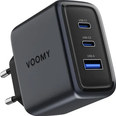 A close-up studio shot of a black VOOMY 65W USB charger with three ports.