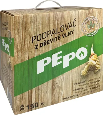A cardboard box of PE-PO wood wool firelighters, designed to look like wood grain.