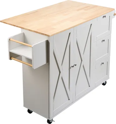 Immagine prodotto di SucceBuy carrello per isola da cucina, 114,9 cm, mobile con piano in legno massiccio, portaspezie, portasciugamani, piano estraibile e cassetto, tavolo mobile portatile su rotelle, bianco