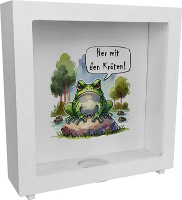 Produktbild von Griesgrämiger Frosch Rahmen Spardose aus Holz mit Spruch Her mit den Kröten!