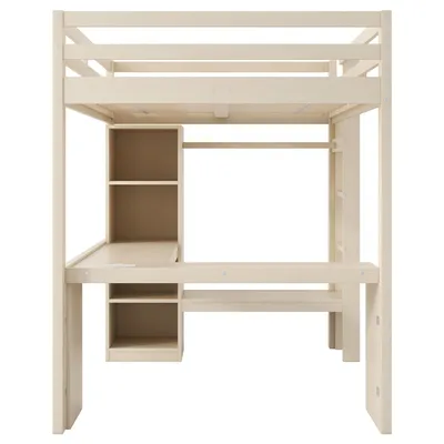 Produktbild von Flieks Etagenbett 140x200cm mit Schreibtisch und Regal, Kinderbett Jugendbett Hochbett mit Led und Ladefunktion, Stockbett Doppelbett Naturbelassen