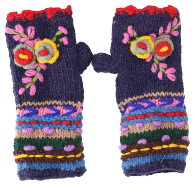 Produktbild von Handstulpen aus Wolle mit Blume, Handgestrickte Pulswärmer - Dunlelblau, Uni, Handschuhe & Handstulpen