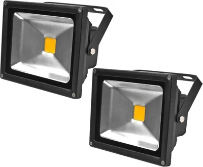 Two black LED floodlights with silver reflectors and yellow LED lights are shown against a white background.